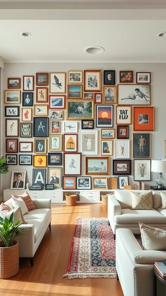 A colorful gallery wall filled with various framed artworks in a living room setting.