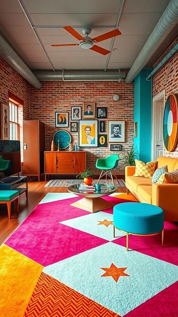 A vibrant living room featuring a colorful geometric rug with pink, orange, and teal patterns, retro furniture, and eclectic decor.