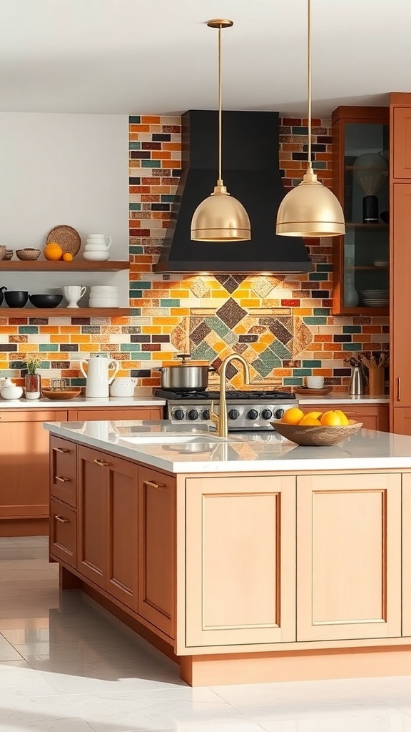 A colorful kitchen island with a unique tile backsplash featuring warm hues and gold pendant lights.