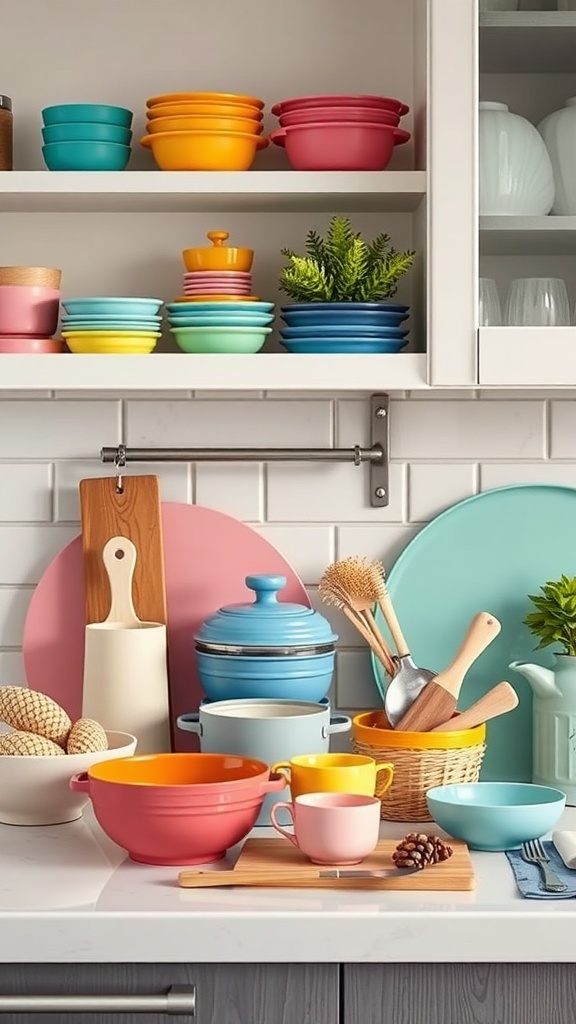 A colorful display of kitchenware including bowls, plates, and utensils on shelves and a countertop.