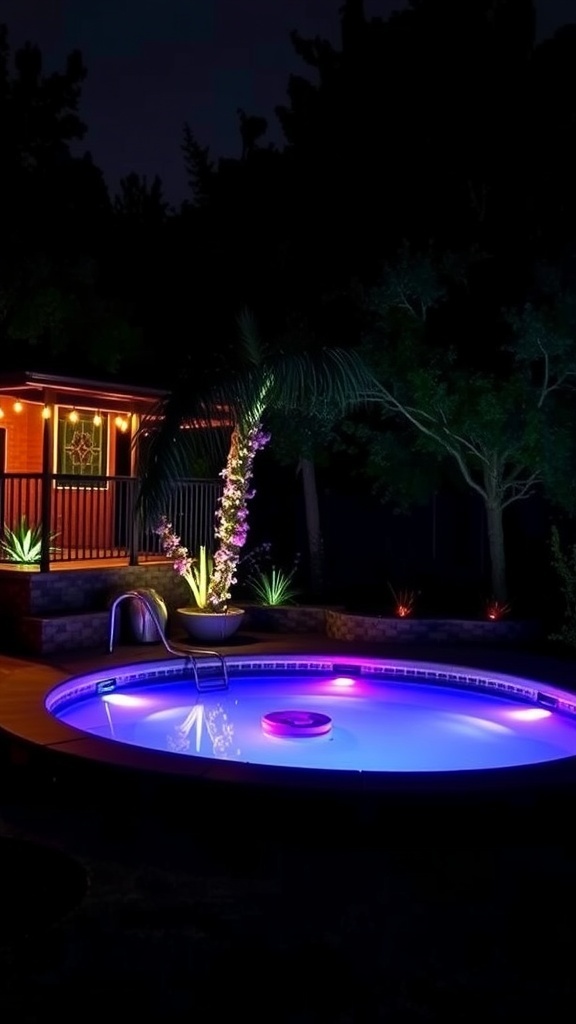 A sunken above ground pool at night, illuminated with colorful LED lights, surrounded by a cozy deck and plants.