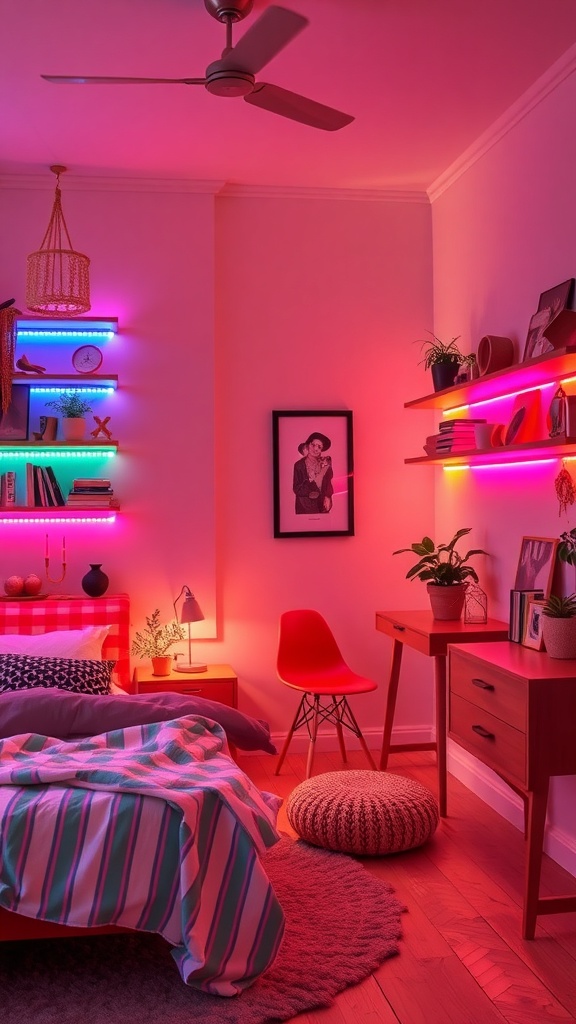 A cozy room with colorful LED strips illuminating shelves and walls.