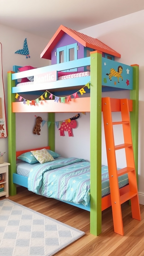 Colorful loft bed with a playful design, personalized letters, and cozy bedding.