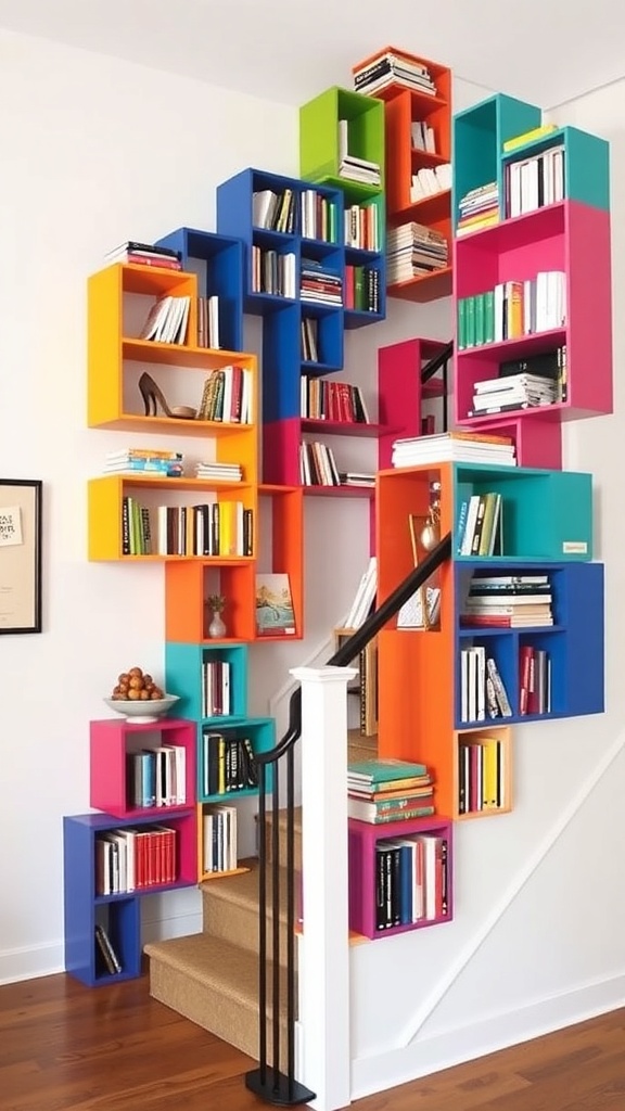 Colorful modular bookshelf units integrated into a staircase