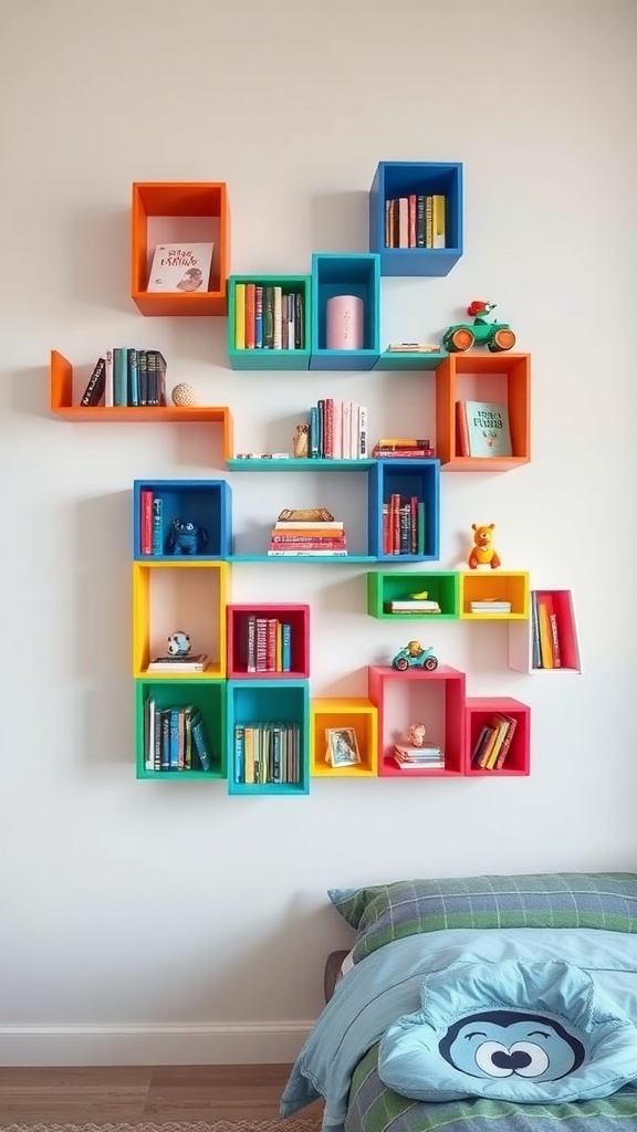Colorful modular bookshelf with various books and decorative items