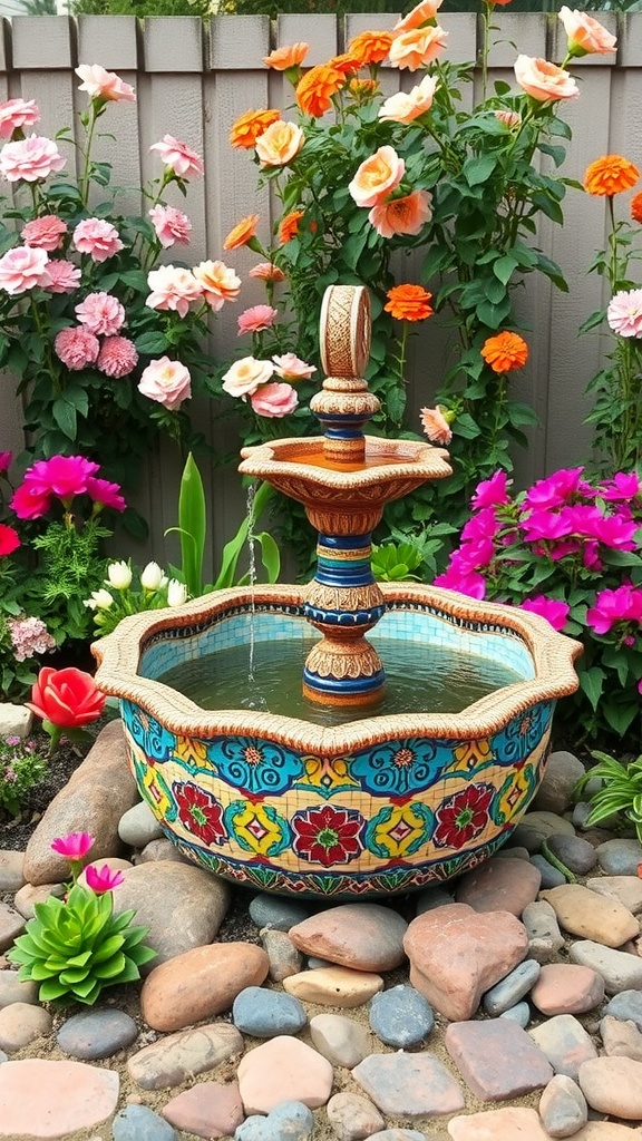 A colorful mosaic fountain surrounded by flowers in a garden.