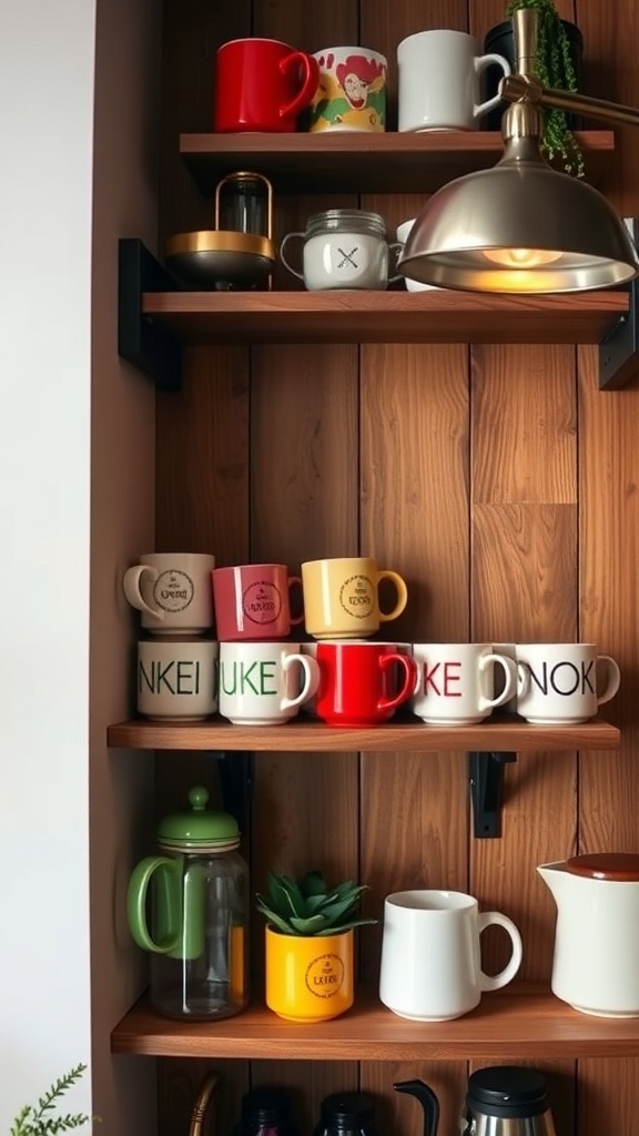 A colorful display of mugs on wooden shelves, showcasing various designs and colors.