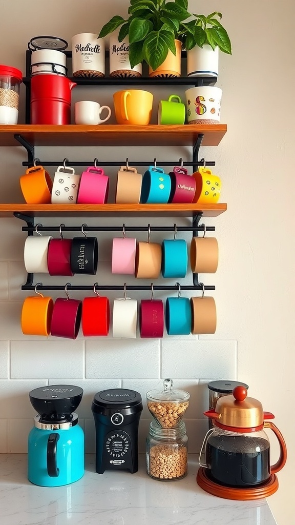 Colorful mugs displayed on a rack with a coffee maker and jars on a countertop