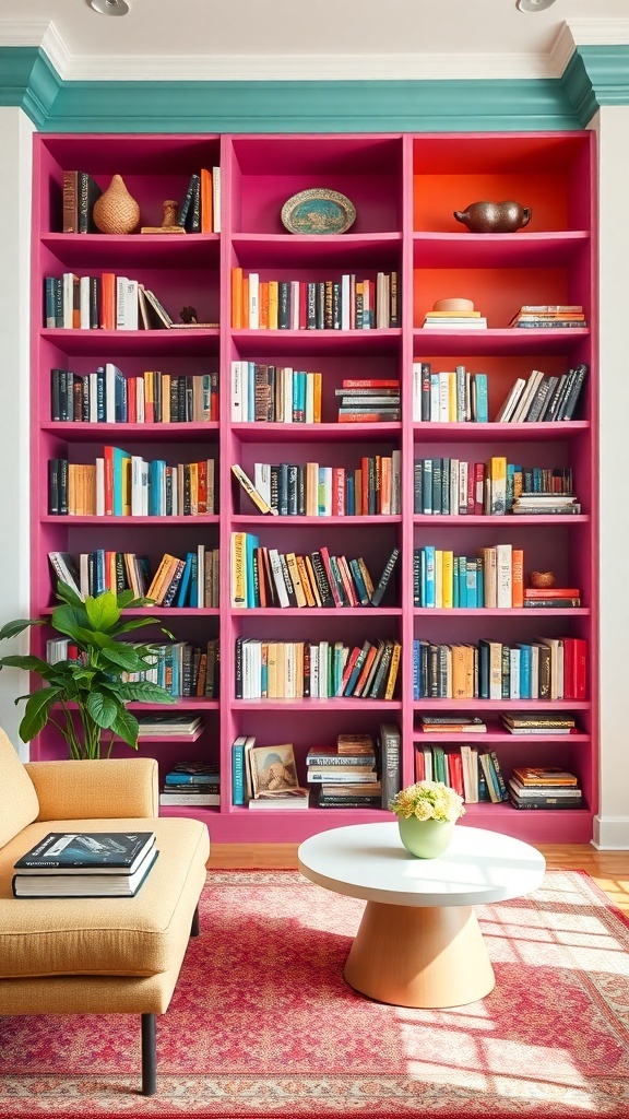Colorful open shelving in a living room with pink and orange shelves filled with books, a yellow couch, and a round coffee table.