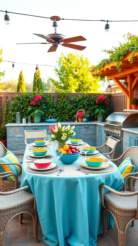 A colorful outdoor dining table with a blue tablecloth, vibrant plates, and a floral centerpiece, set against a backdrop of greenery and an outdoor kitchen.