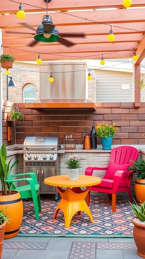 Colorful outdoor furniture with an orange table, green and pink chairs, and a grill in a cozy backyard setting.