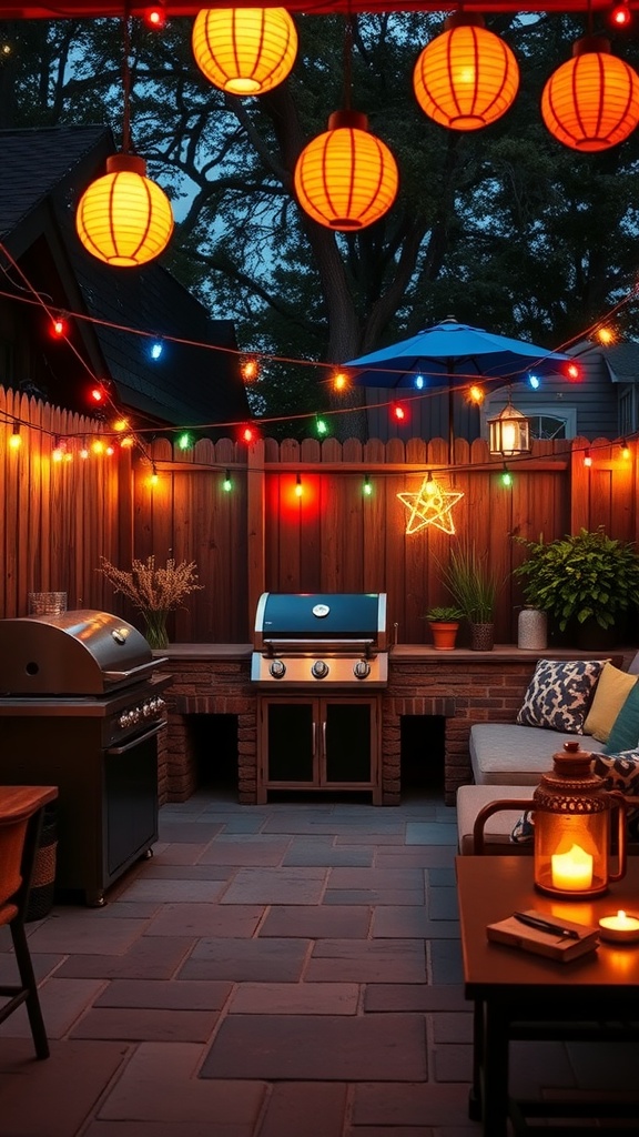 A cozy outdoor grill corner with colorful lanterns and string lights illuminating the space.