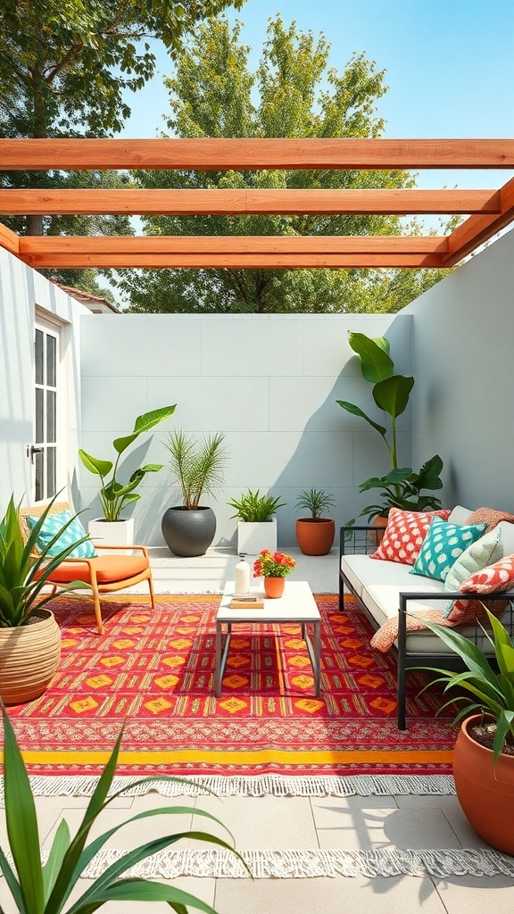 A colorful outdoor rug in a minimalist patio setting, surrounded by plants and cozy seating.