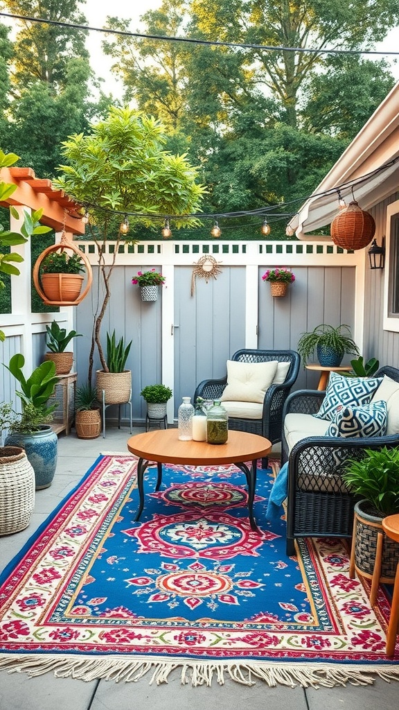 A vibrant outdoor rug on a patio with plants and seating.