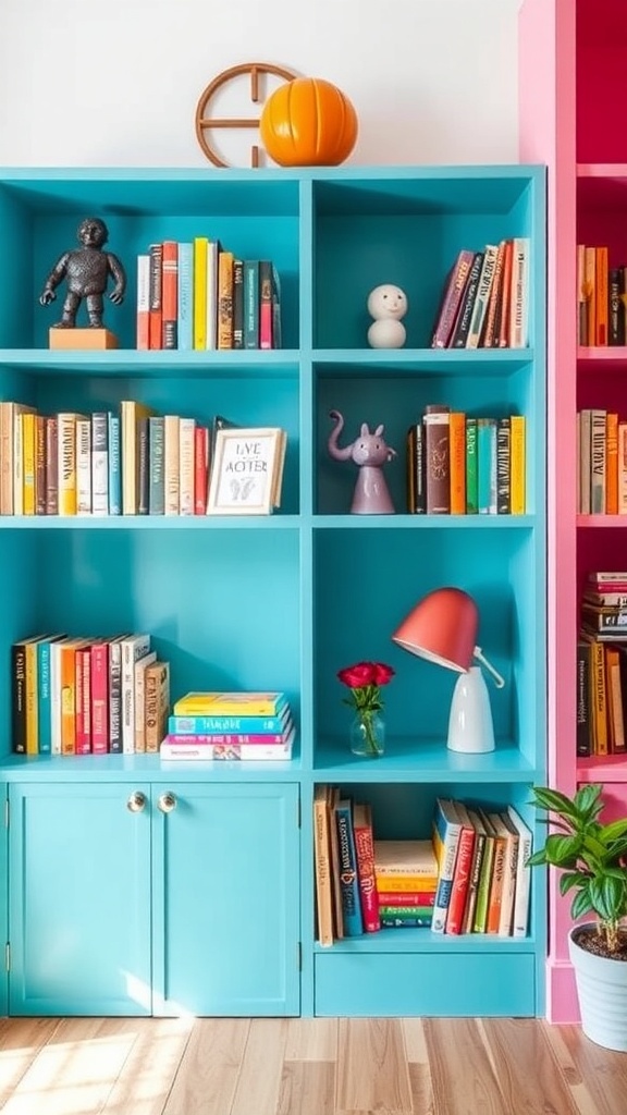 A colorful turquoise bookshelf filled with books and decorative items, set against a pink wall.