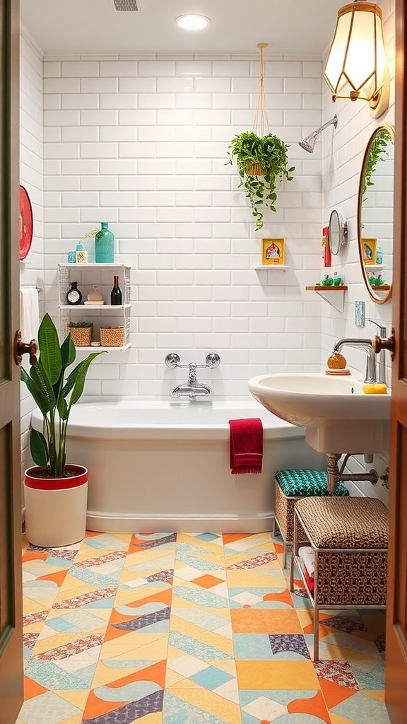 A bathroom featuring colorful patchwork tiles on the floor, with white subway tiles on the walls and various decorative elements.