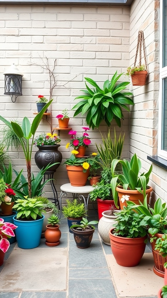 A small patio filled with colorful potted plants in various sizes and shapes.
