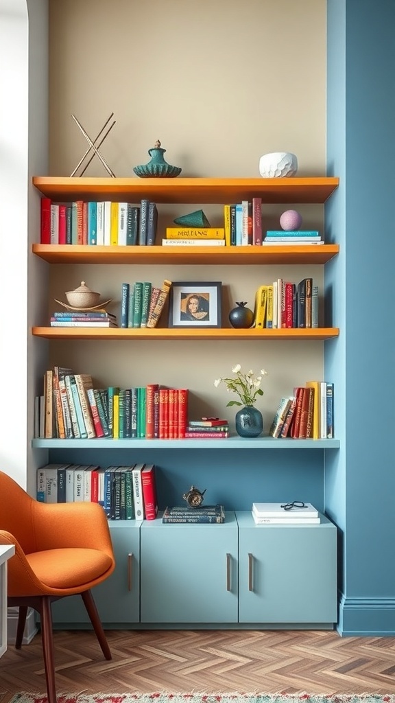 Colorful rainbow book arrangement on shelves with decorative items