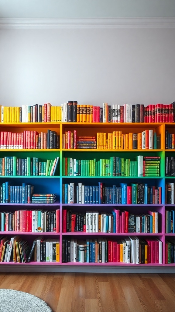 A colorful rainbow bookshelf with books arranged in a gradient from red to blue.