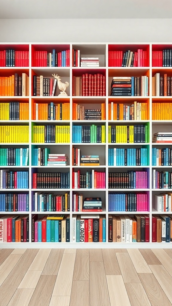 A colorful rainbow bookshelf displaying books arranged by color in a vibrant pattern.