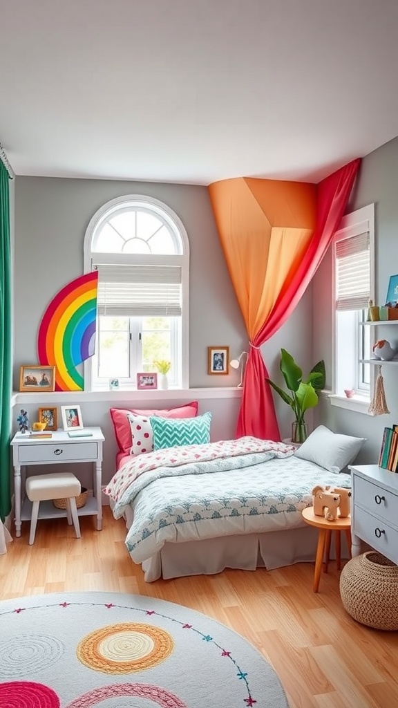 A colorful kids bedroom featuring a rainbow wall art, cozy bedding, and bright decor.