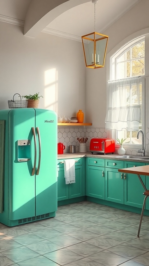 A colorful kitchen featuring a turquoise retro refrigerator, red toaster, and warm lighting.