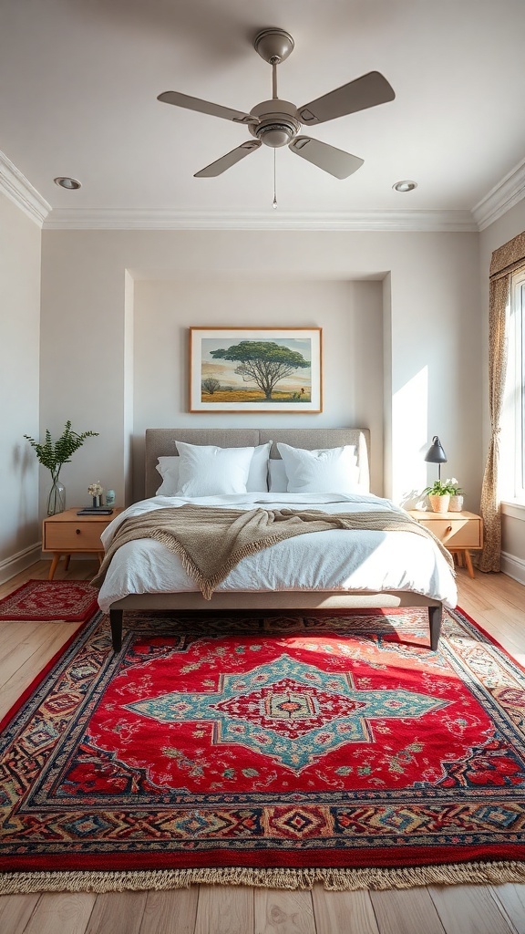 A cozy bedroom featuring a colorful red rug with intricate designs, a bed with white bedding, and a serene wall painting.