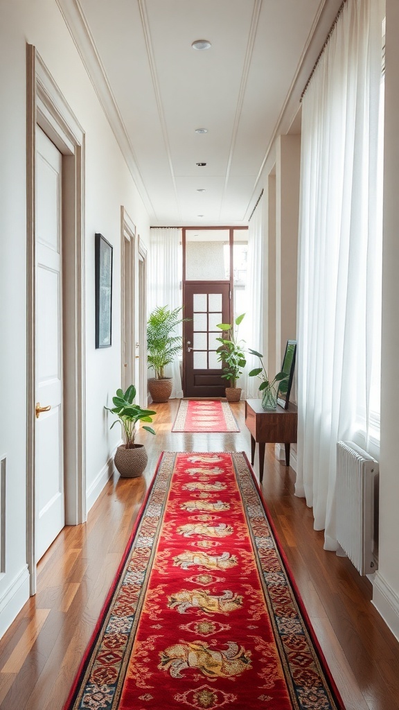 A narrow hallway featuring a vibrant red runner rug, potted plants, and natural light.