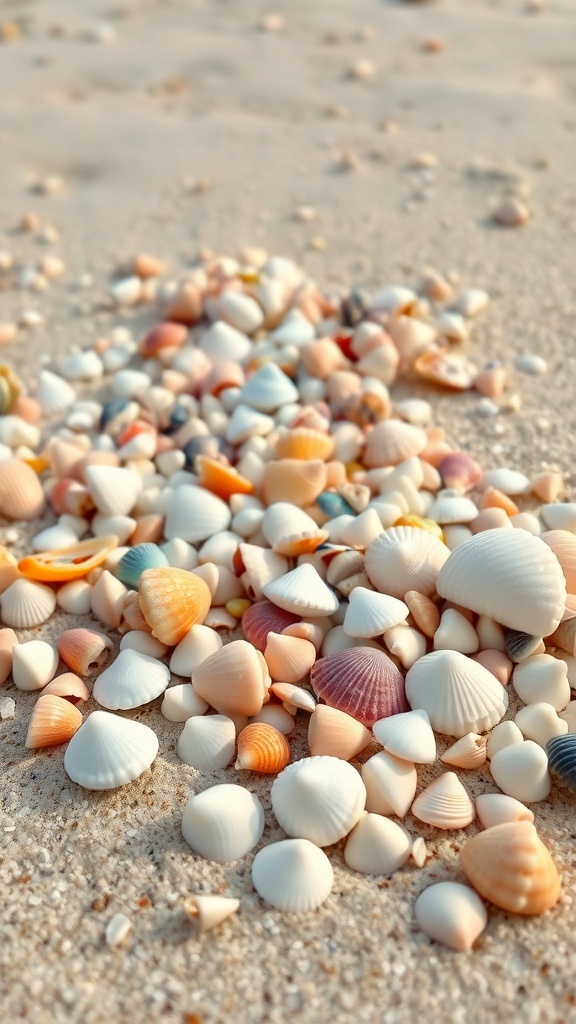 A colorful collection of seashells scattered on the sandy shore.