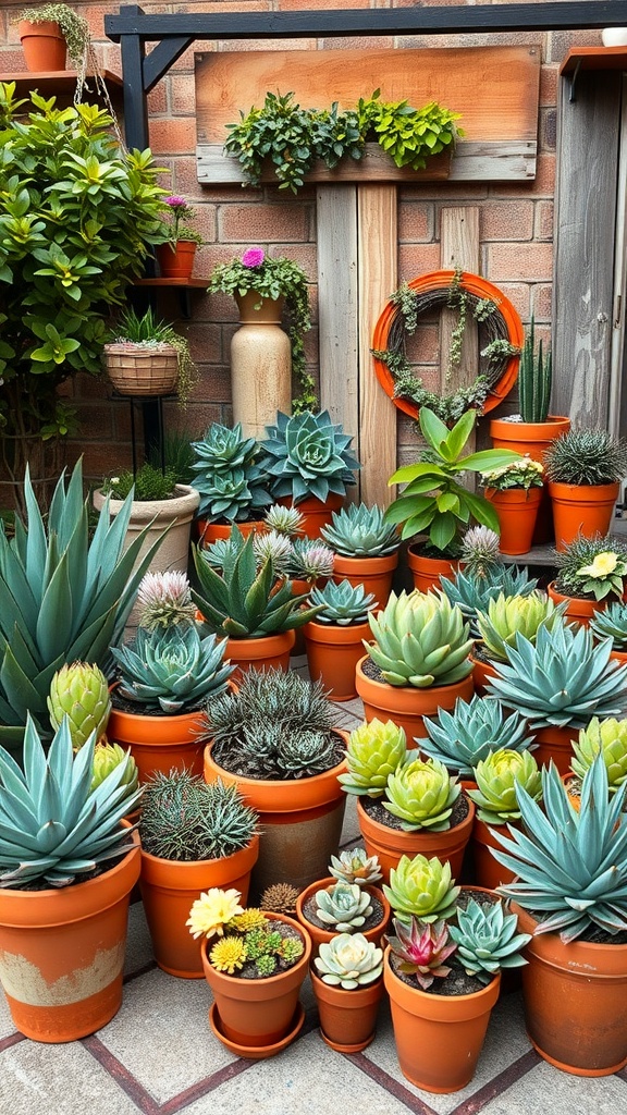 A vibrant display of various succulents in terracotta pots arranged in a garden setting.