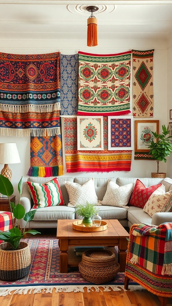 A cozy living room featuring colorful textiles on the walls, patterned pillows, and natural decor elements.