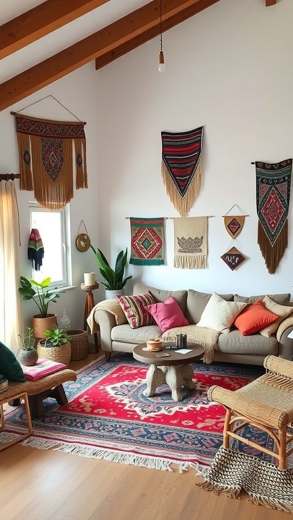 A cozy living room featuring colorful textile layering with a red rug, patterned cushions, and wall hangings.