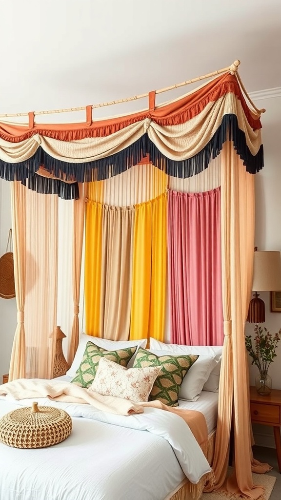 A boho canopy bedroom featuring colorful textile layers in shades of yellow, pink, and cream, creating a cozy and inviting atmosphere.