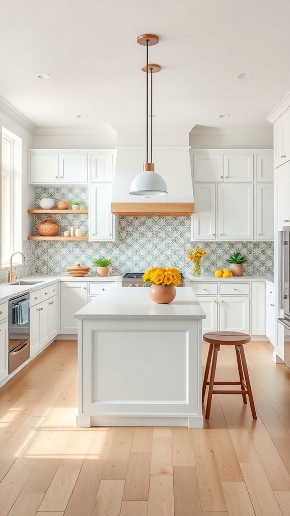 A modern kitchen with a white island and colorful tile accents on the backsplash.