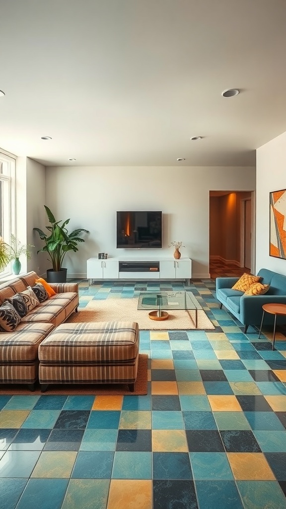 A vintage sunken lounge featuring colorful blue, yellow, and black tiled flooring, with a striped sofa and teal chair.