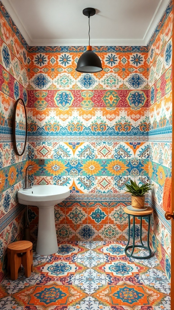 A vibrant bathroom with colorful patterned tiles on the walls and floor, featuring a white sink, a wooden stool, and a small plant.