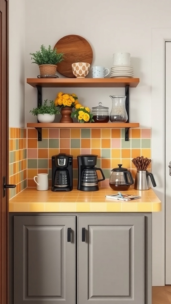 Colorful tiled coffee station with orange, green, and yellow tiles, featuring coffee machines, mugs, and plants.