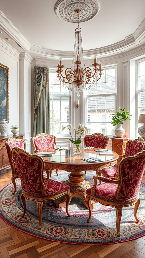 Bunte Polsterstühle um einen runden Tisch in einem eleganten Esszimmer