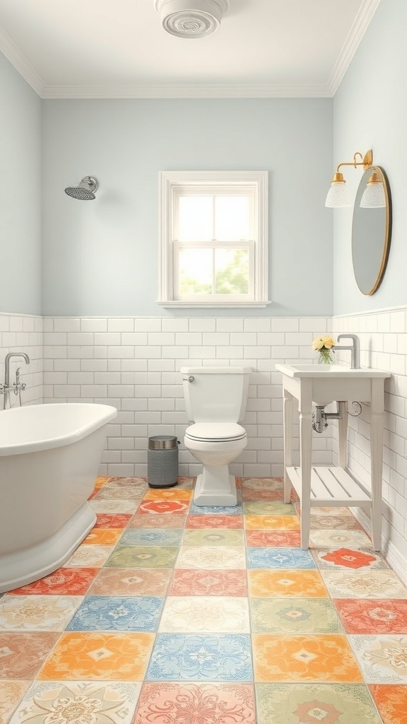 A bathroom featuring colorful vinyl tiles with various patterns and hues, complemented by white fixtures.