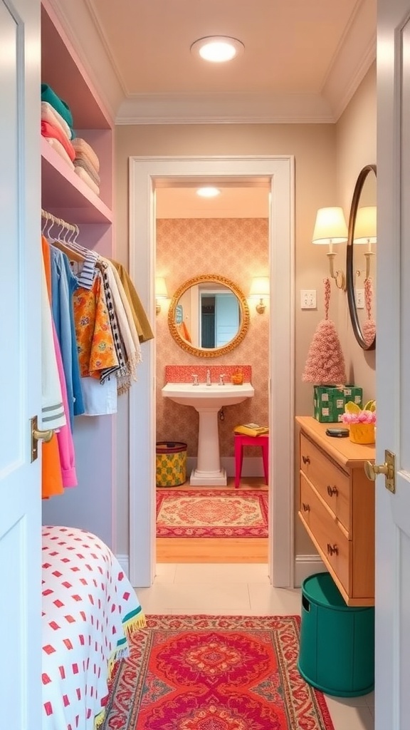 Colorful walk-through closet leading to a bathroom with vibrant decor and practical storage solutions.
