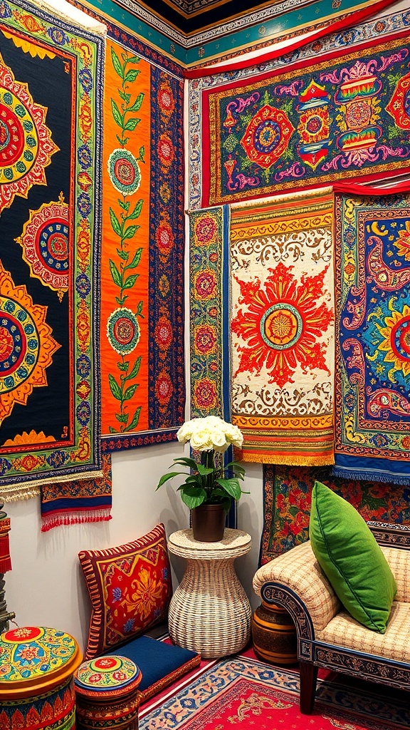 A cozy room with colorful wall tapestries, cushions, and plants, creating a bohemian vibe.