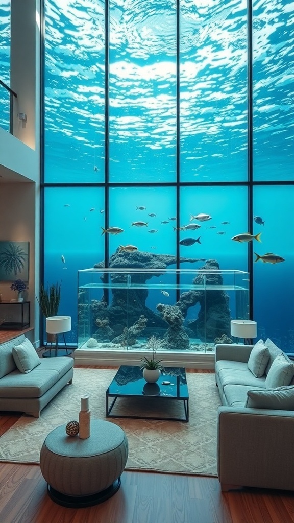 A spacious living area featuring a large aquarium filled with fish, with comfortable seating and natural light.