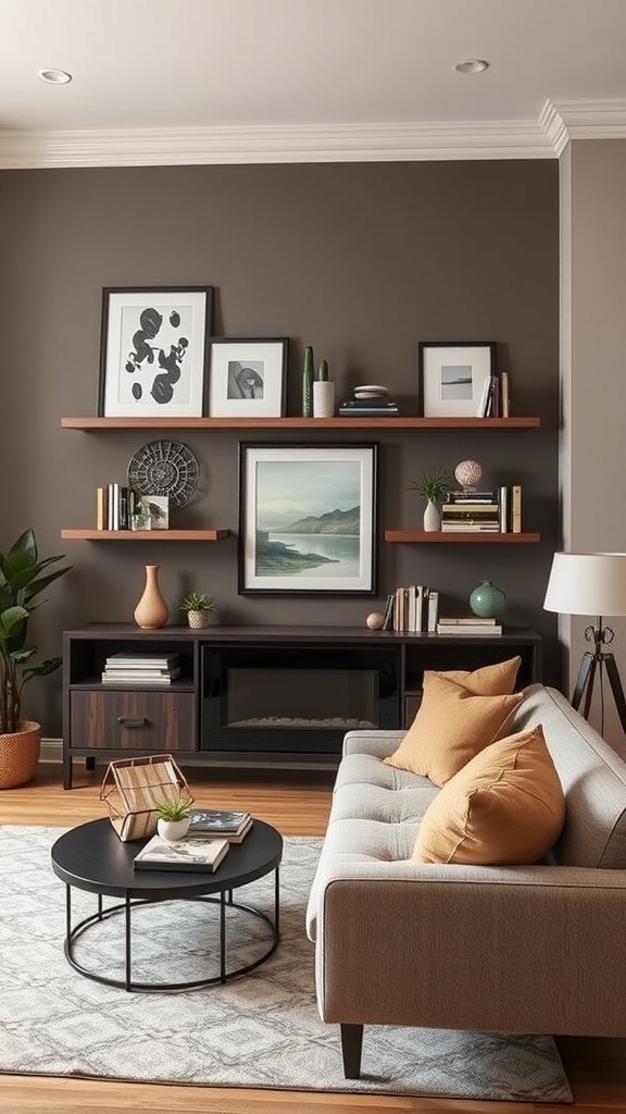A stylish living room featuring a combination of wall art and floating shelves with decor.