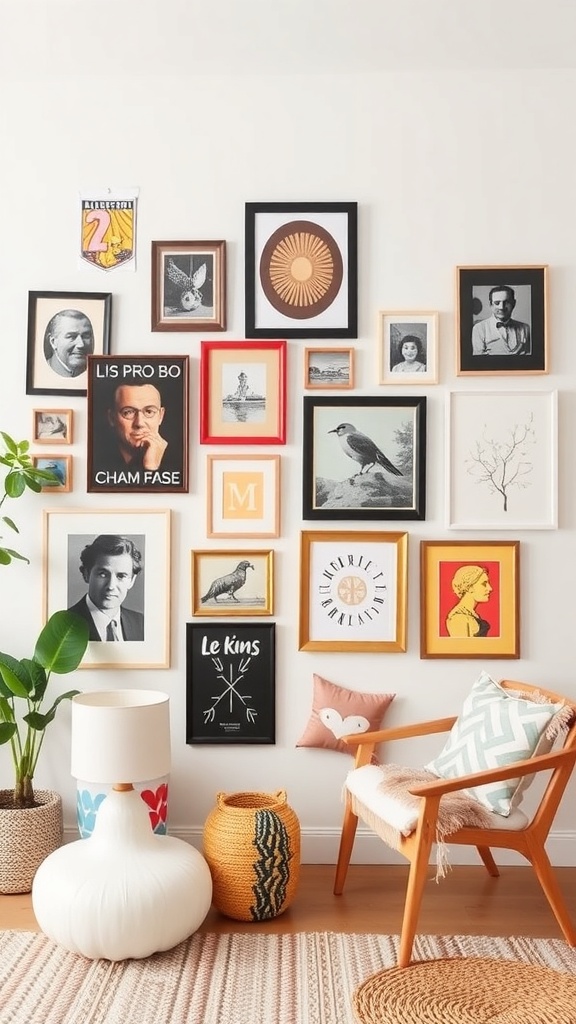 A gallery wall featuring various framed artworks and a cozy seating area with a lamp and decorative items.