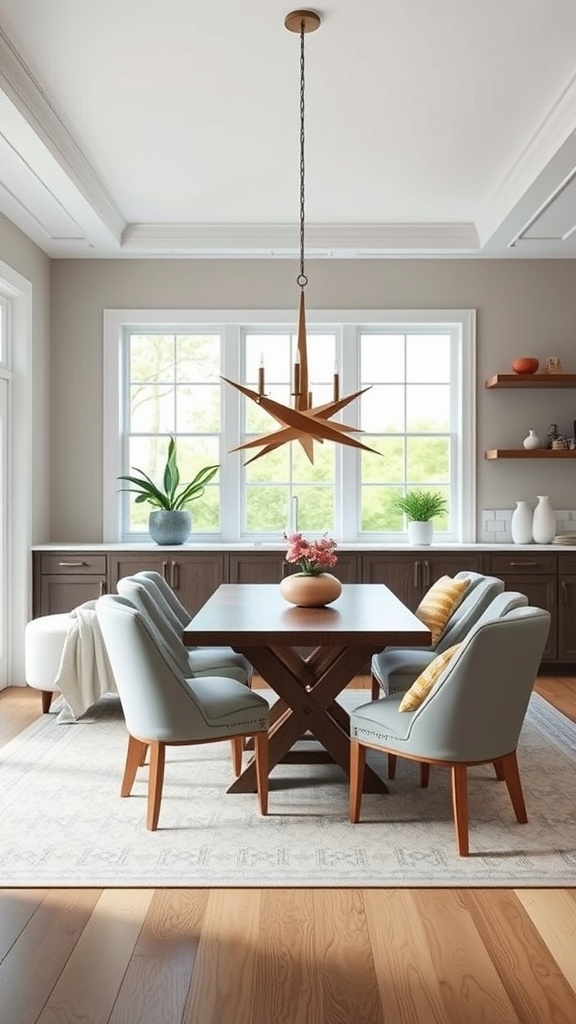 A stylish dining room featuring comfortable chairs and a modern table.