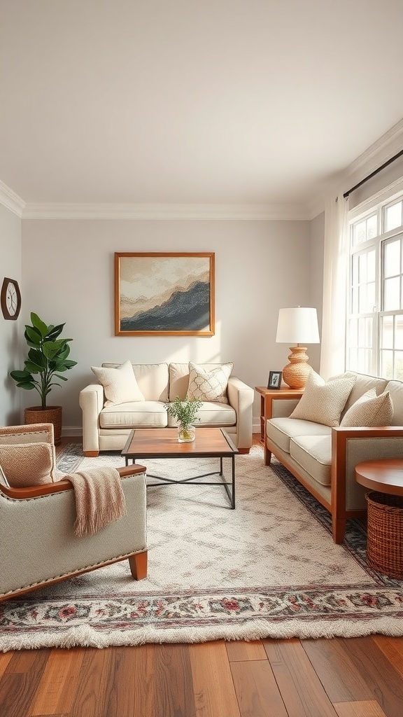 Cozy living room with a soft area rug, neutral sofas, and wooden accents