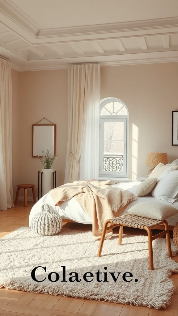 A cozy bedroom featuring a soft area rug, warm lighting, and minimalist decor.