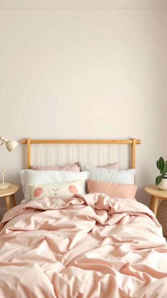 A cozy kids bedroom featuring soft pink bedding, fluffy pillows, and a wooden bed frame.