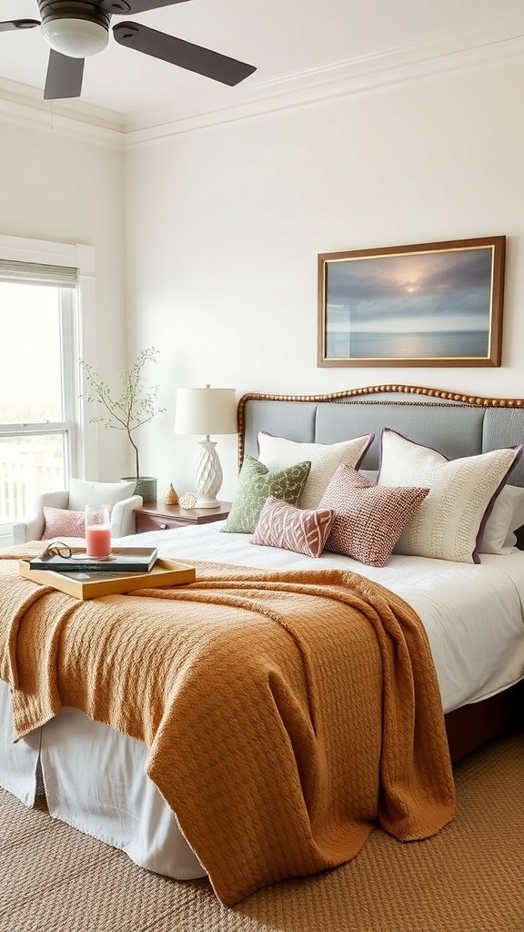 A cozy Southern style bedroom with layered bedding, featuring an orange blanket and various patterned pillows.