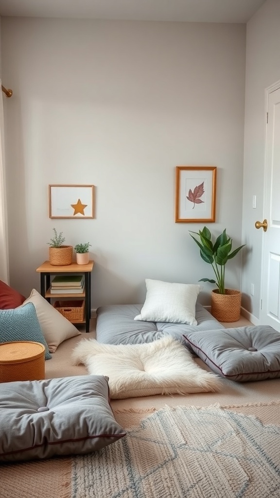 A cozy corner with floor cushions, plants, and wall art in a dorm room.